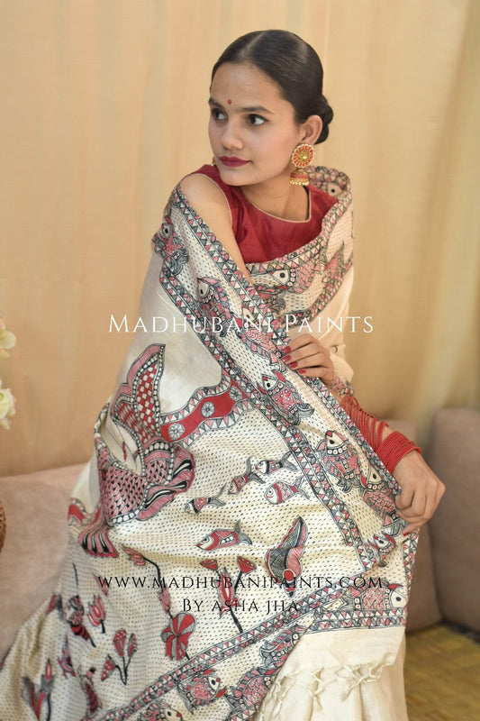 'MATSYA AVATAR' Handpainted Madhubani Tussar Silk Saree