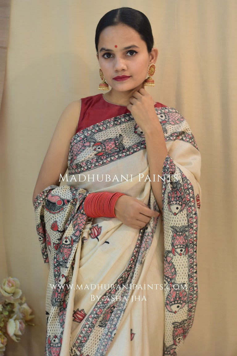 'MATSYA AVATAR' Handpainted Madhubani Tussar Silk Saree