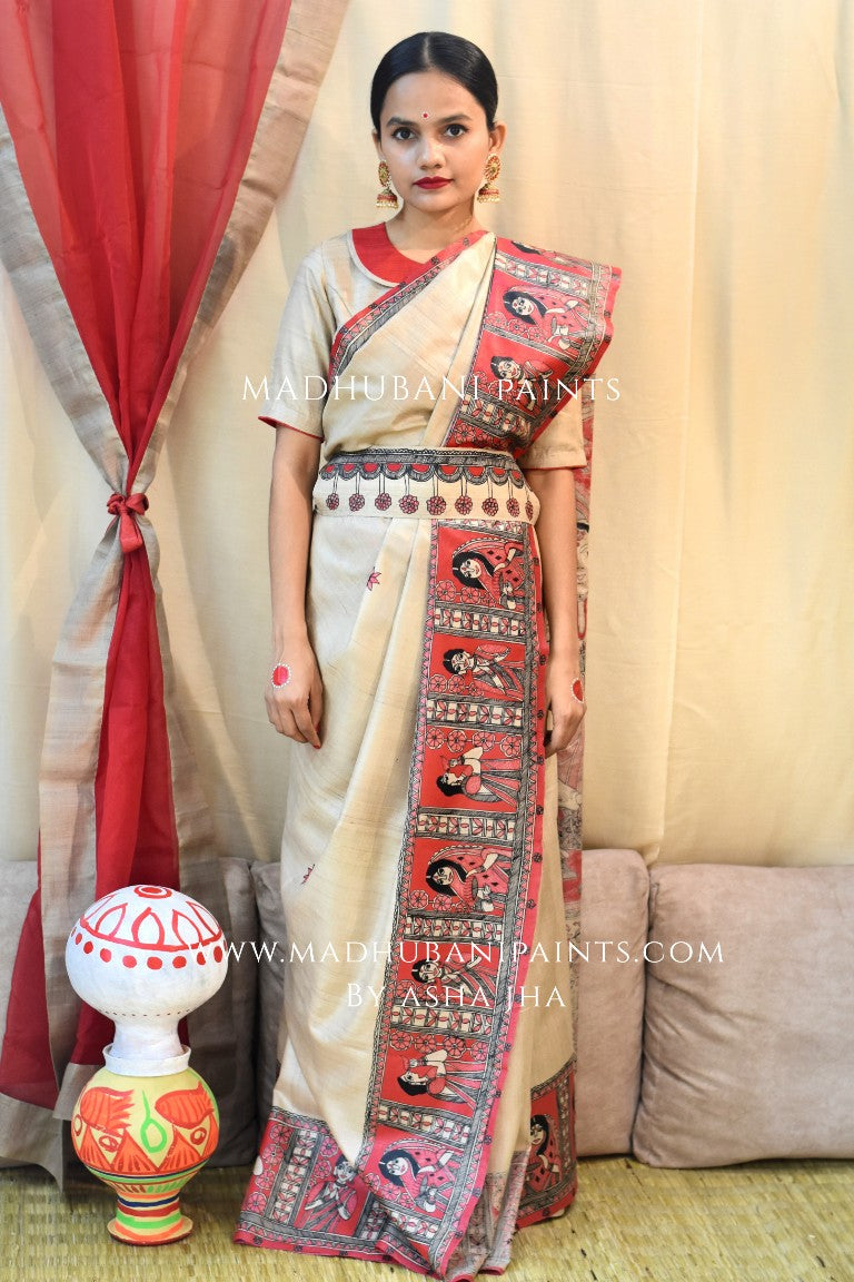'MAHAGAURI' Handpainted Madhubani Tussar Silk Saree