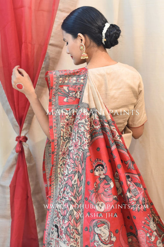 'MAHAGAURI' Handpainted Madhubani Tussar Silk Saree