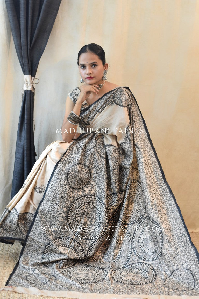 'MORNI' Handpainted Madhubani Tussar Silk Saree Blouse Set