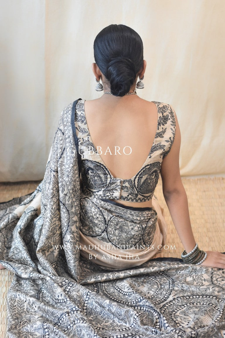 'MORNI' Handpainted Madhubani Tussar Silk Saree Blouse Set