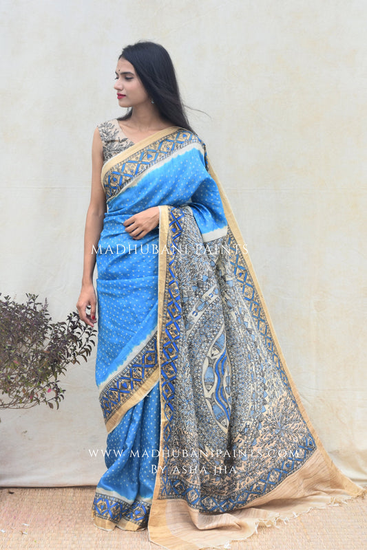 'AASMANI' Madhubani Hand-painted Bandhani Tussar Silk Saree