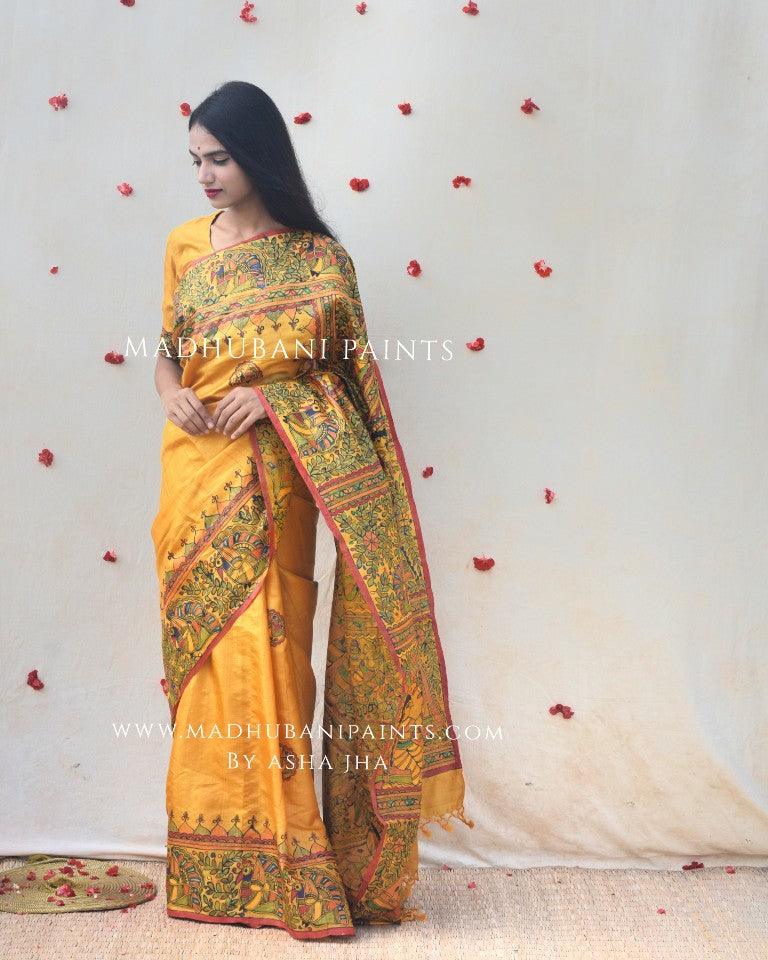 RAMAYANA' Handpainted Madhubani Tussar Silk Saree Blouse Set
