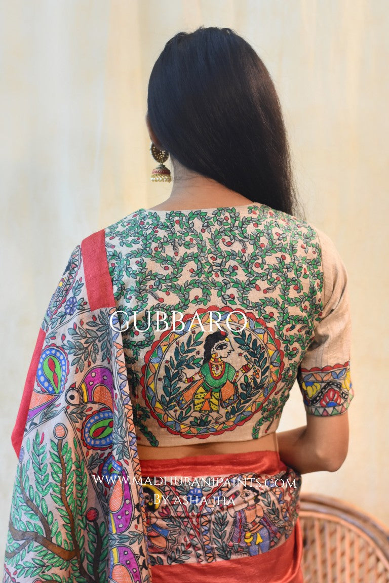 'HARI PRIYA' Handpainted Madhubani Tussar Silk Saree Blouse Set