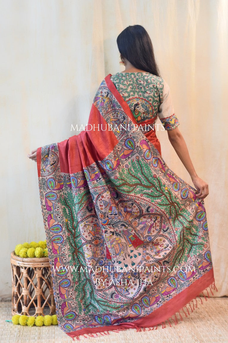 'HARI PRIYA' Handpainted Madhubani Tussar Silk Saree Blouse Set