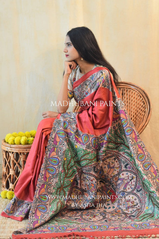 'HARI PRIYA' Handpainted Madhubani Tussar Silk Saree