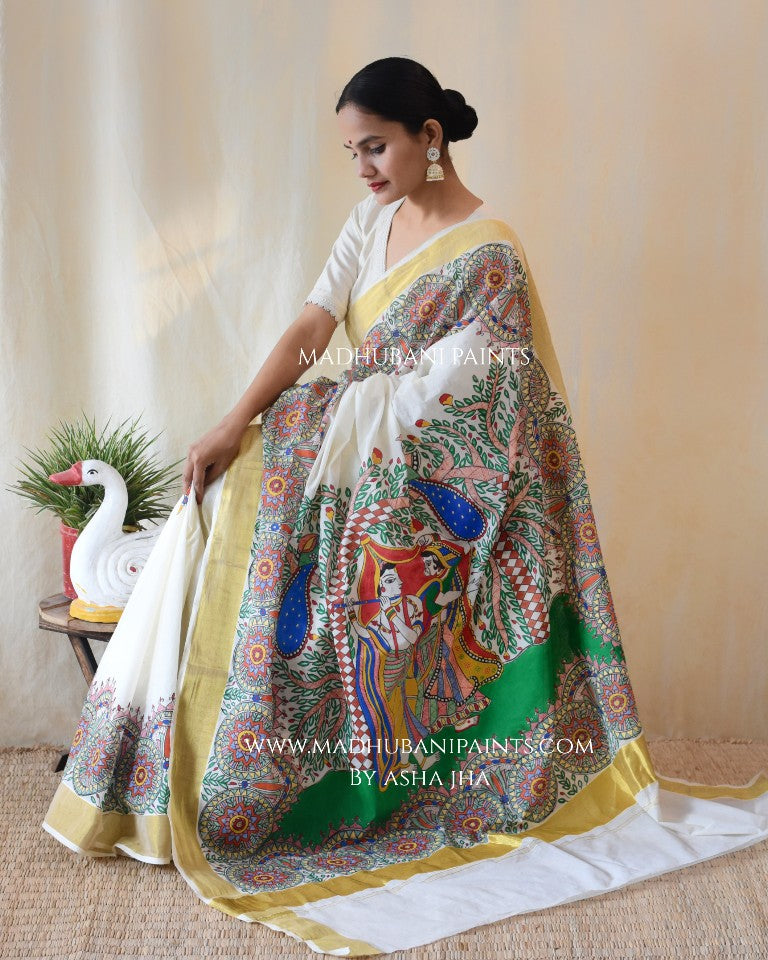 'VRINDAVAN KRISHNA' Handpainted Madhubani Cotton Saree