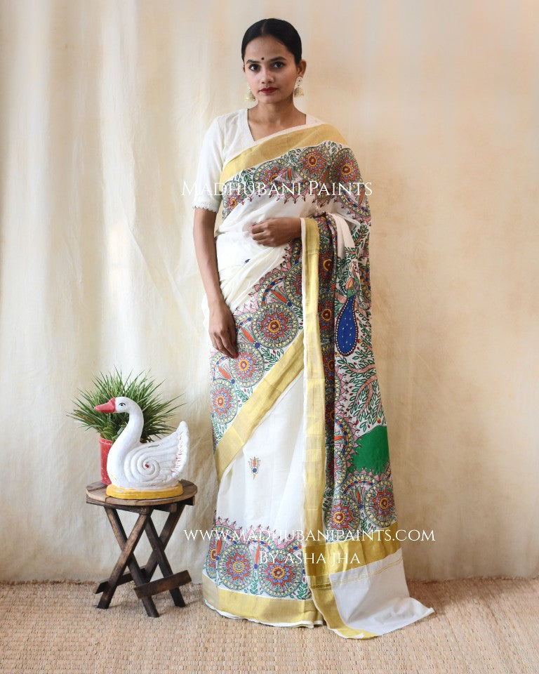 'VRINDAVAN KRISHNA' Handpainted Madhubani Cotton Saree