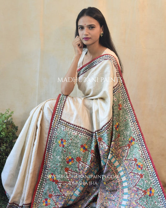 Handpainted Madhubani 'BAGIYA' Tussar Silk Saree