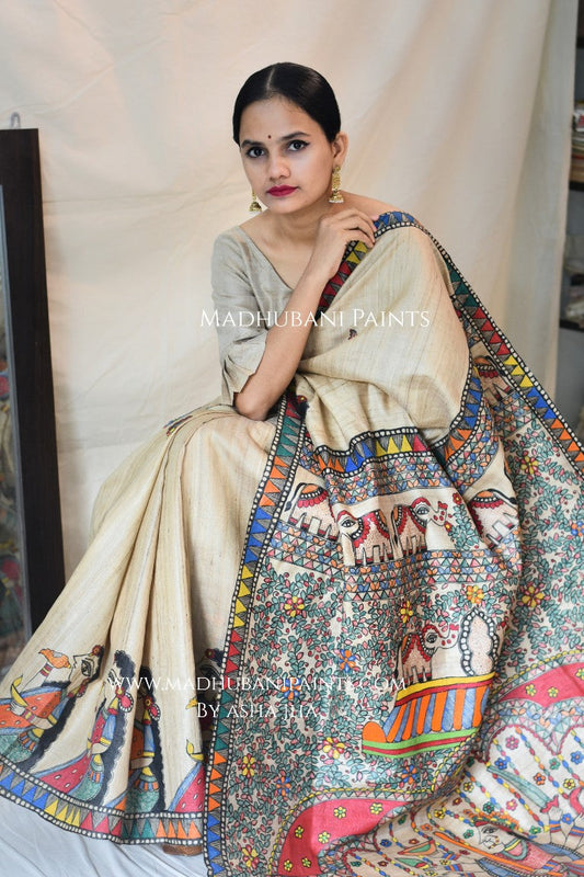 'DURGA DEVI' Handpainted Madhubani Tussar Silk Saree