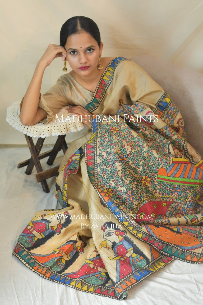 'DURGA DEVI' Handpainted Madhubani Tussar Silk Saree