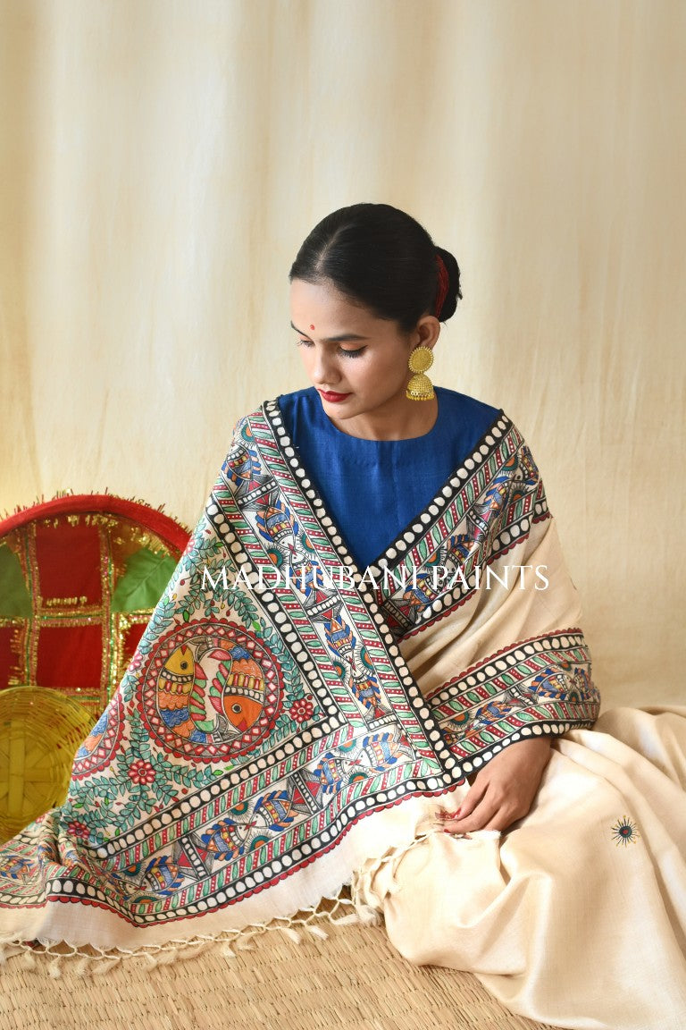 'MATSYA RAAS'  Handpainted Madhubani Tussar Silk Saree Blouse Set