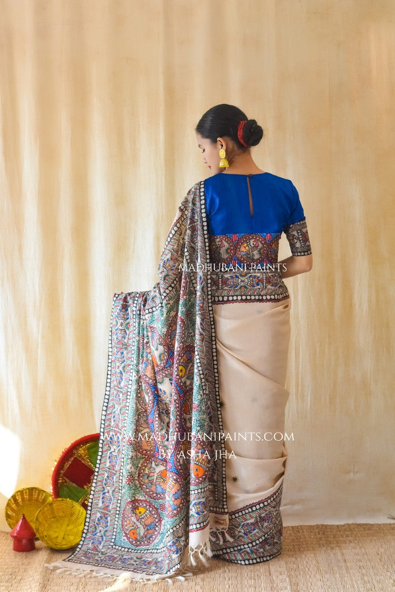 'MATSYA RAAS'  Handpainted Madhubani Tussar Silk Saree Blouse Set
