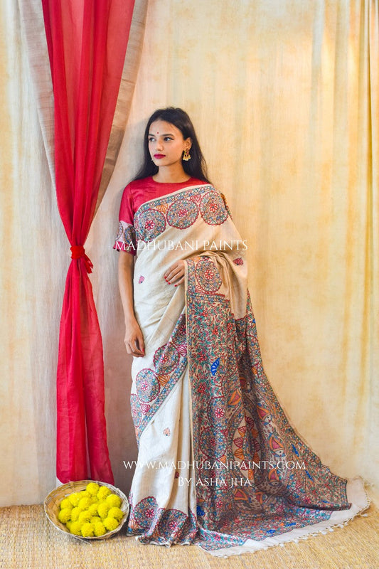 'MATSYA NRITYA' Handpainted Madhubani Tussar Silk Saree