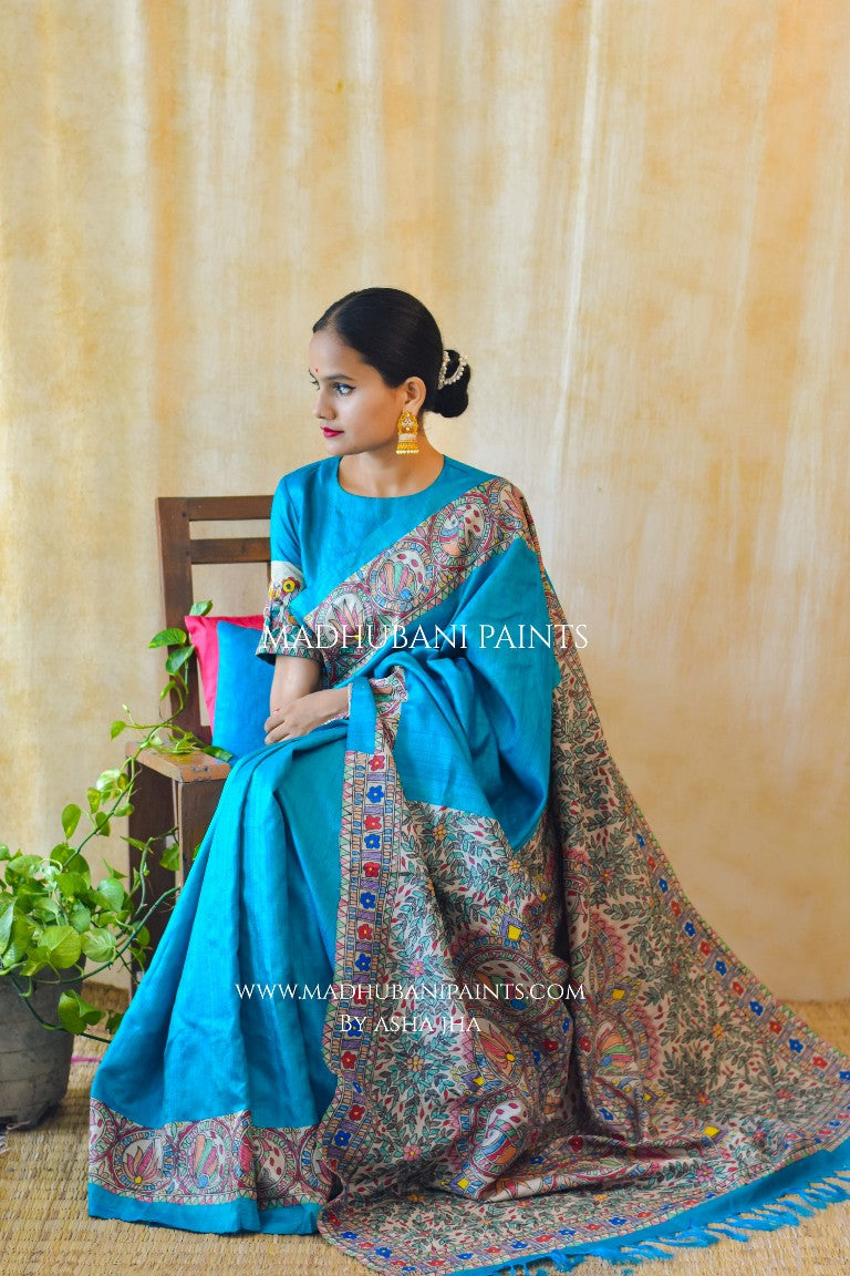 SAANKH KAMAL' Handpainted Madhubani Tussar Silk Saree