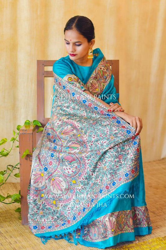 SAANKH KAMAL' Handpainted Madhubani Tussar Silk Saree