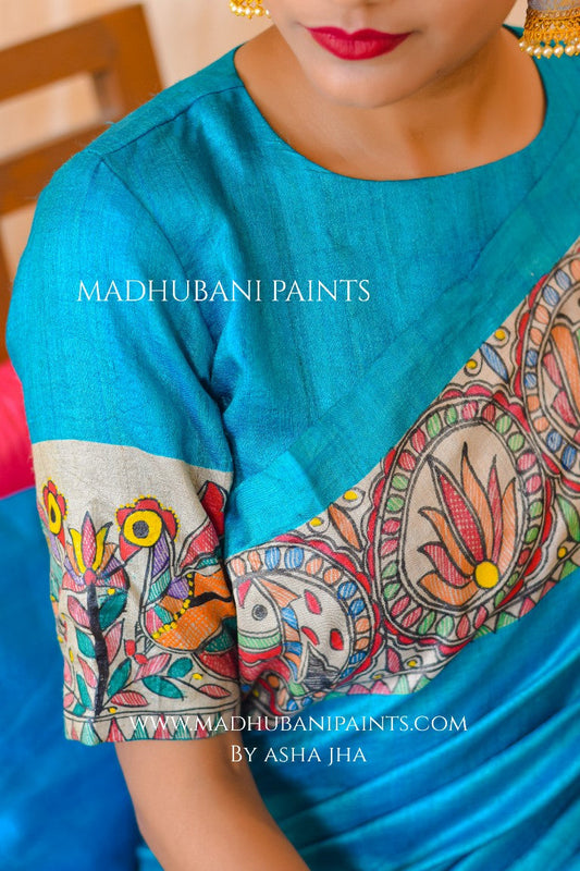 'SAANKH KAMAL' Handpainted Madhubani Tussar Silk Blouse