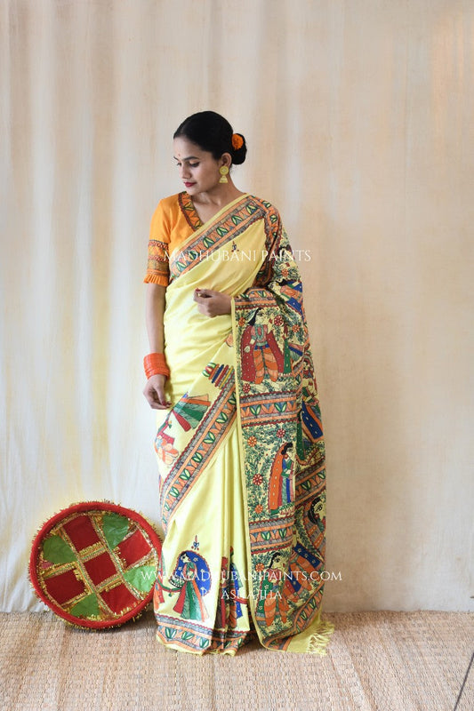 'SHAADI VIDDHI' Handpainted Madhubani Bishnupuri Silk Saree Blouse Set