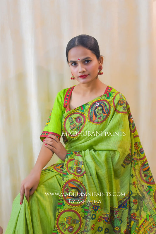 Bengali Weeding' Handpainted Madhubani Chanderi Silk Blouse