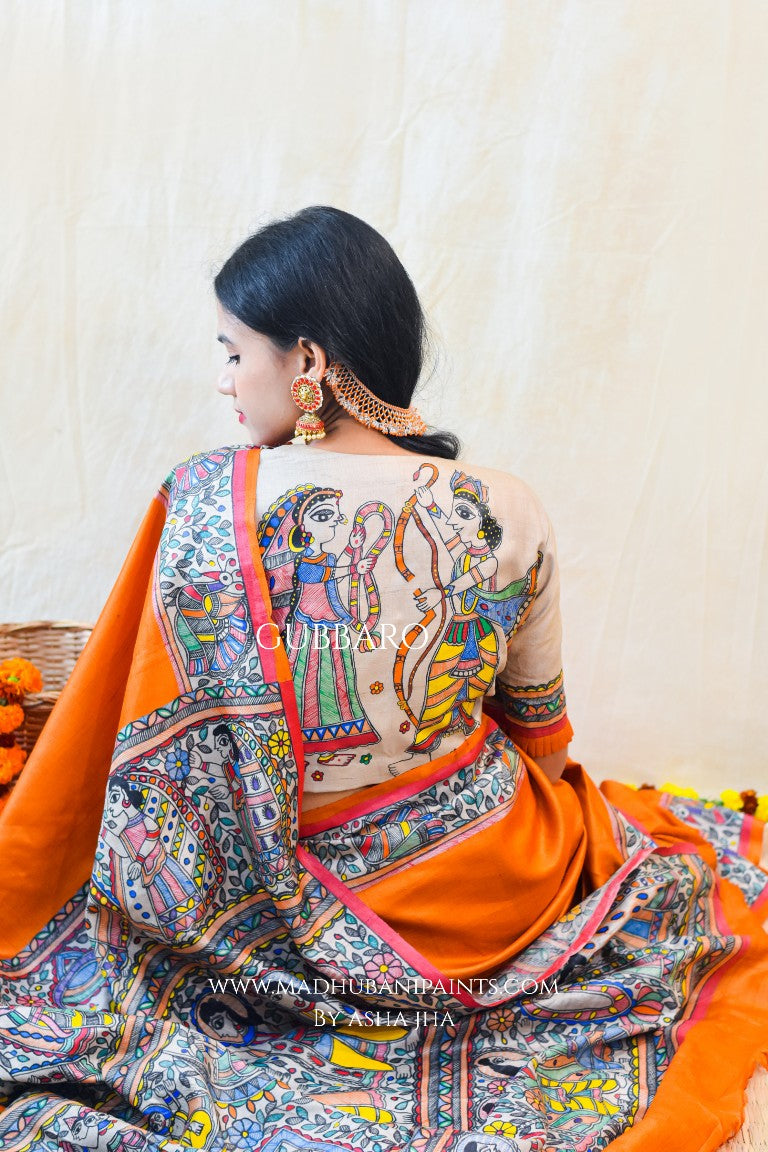 'SITA RAM' Handpainted Madhubani Tussar Silk Saree Blouse set