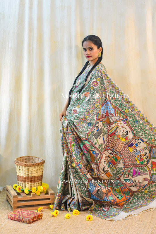 'KAHANI PADMA KI' Handpainted Madhubani Tussar Silk Saree