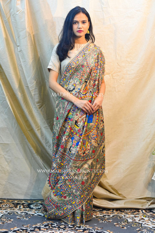 'SHYAM LEELA' Handpainted Madhubani Tussar Silk Saree