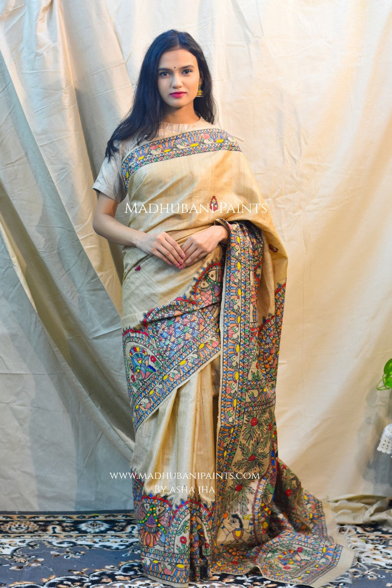 'SHYAM LEELA' Handpainted Madhubani Tussar Silk Saree