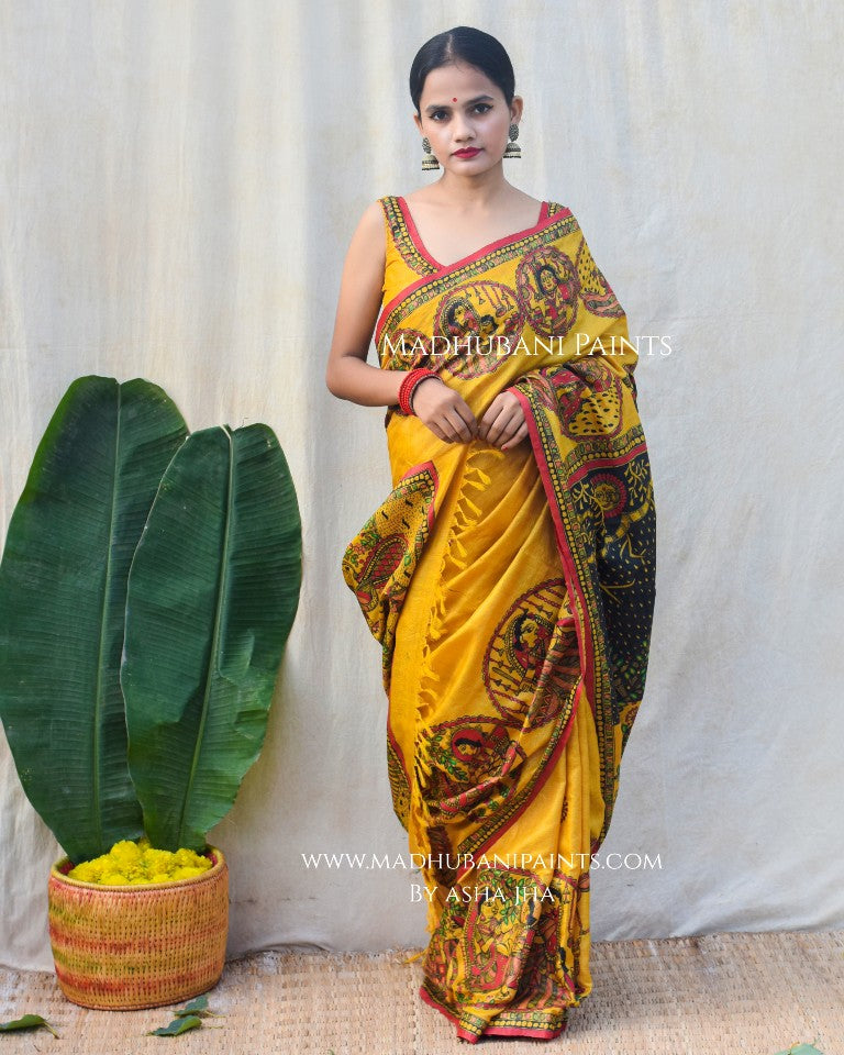 'GOVARDHAN' Handpainted Madhubani Tussar Silk Saree