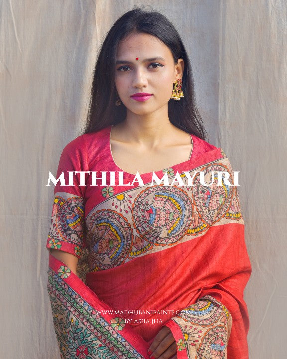 'MITHILA MAYURI' Handpainted Madhubani Tussar Silk Saree Blouse Set