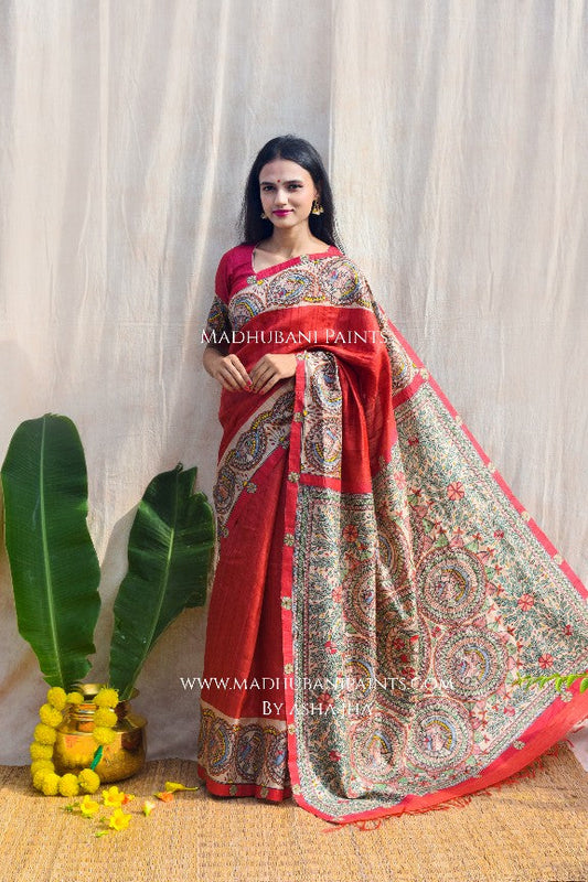 'MITHILA MAYURI' Handpainted Madhubani Tussar Silk Saree Blouse Set