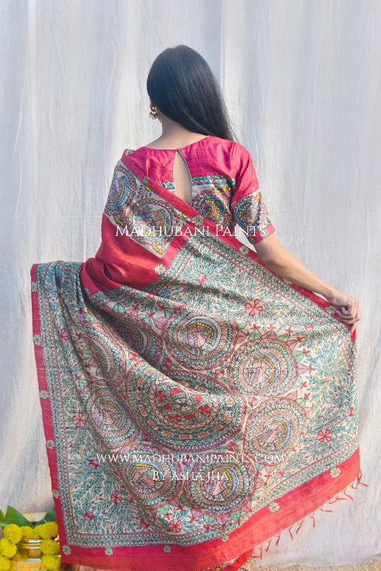 'MITHILA MAYURI' Handpainted Madhubani Tussar Silk Saree Blouse Set