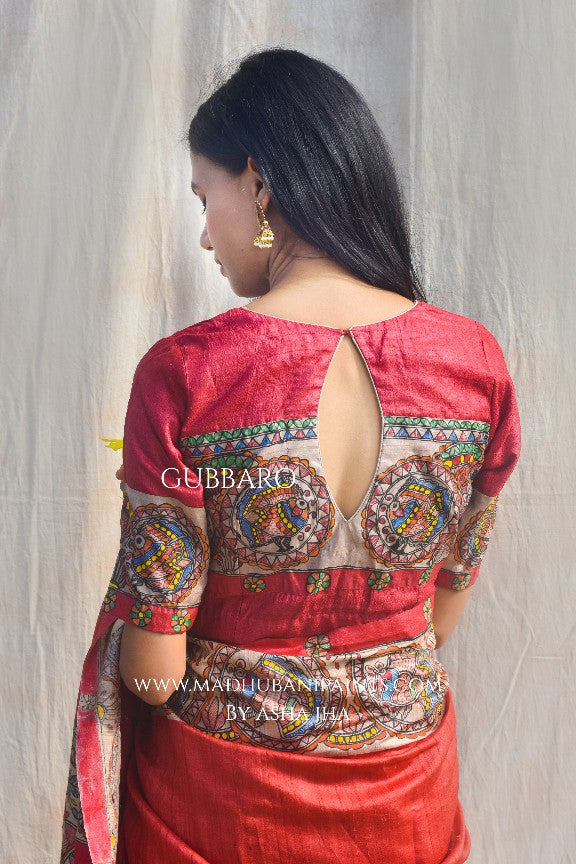 'MITHILA MAYURI' Handpainted Madhubani Tussar Silk Saree Blouse Set
