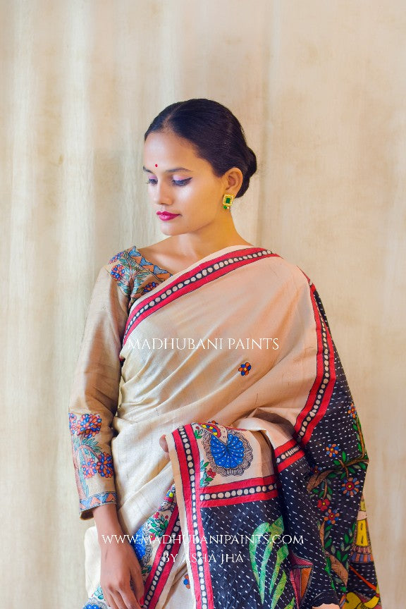 'KRISHNA IN BAARISH' Handpainted Madhubani Tussar Silk Blouse