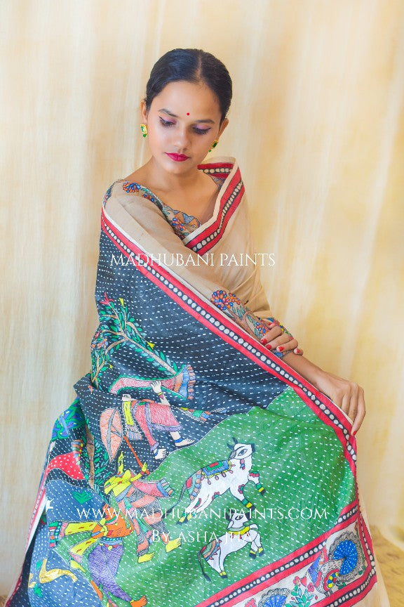 KRISHNA IN BAARISH' Handpainted Madhubani Tussar Silk Saree Blouse Set