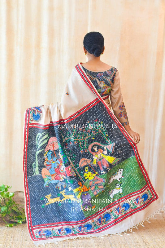 KRISHNA IN BAARISH' Handpainted Madhubani Tussar Silk Saree Blouse Set