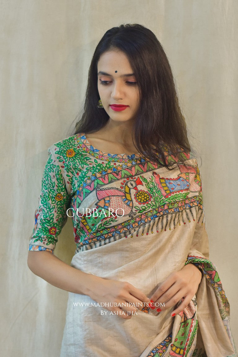 'MANORATH' Handpainted Madhubani Tussar Silk Saree Blouse