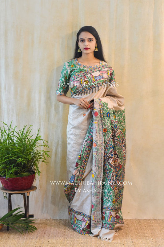 'MANORATH' Handpainted Madhubani Tussar Silk Saree