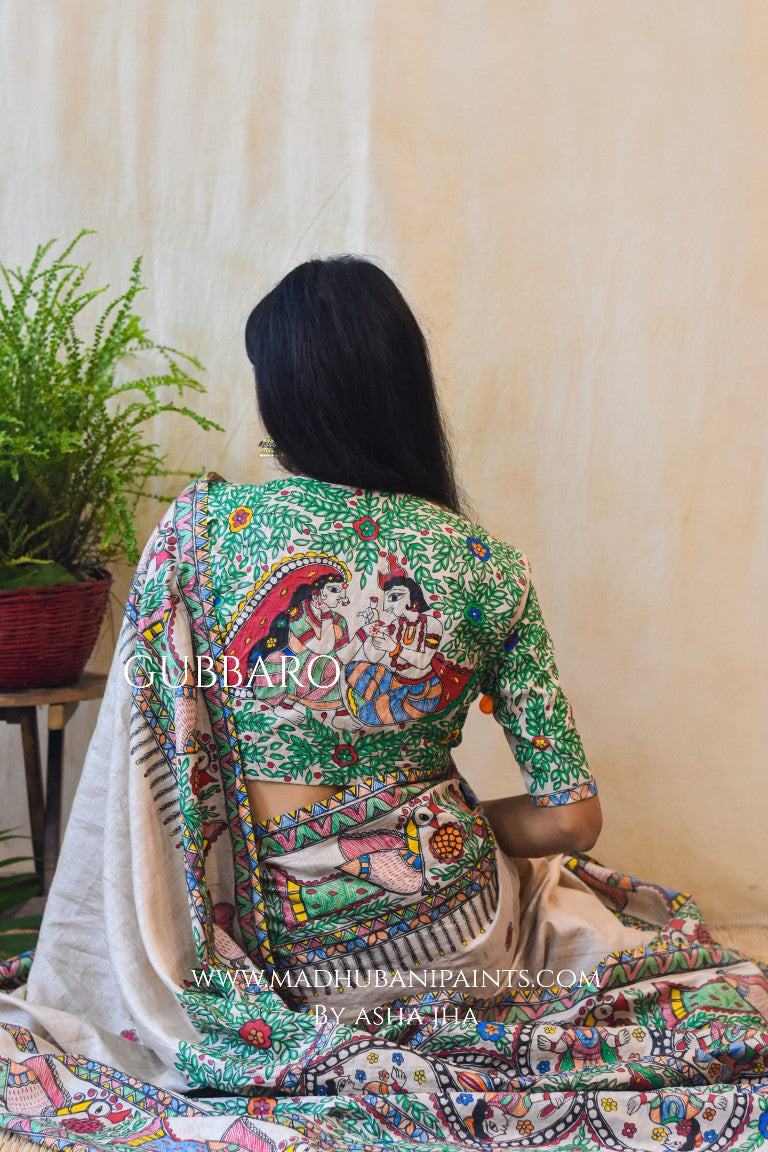 'MANORATH' Handpainted Madhubani Tussar Silk Saree Blouse