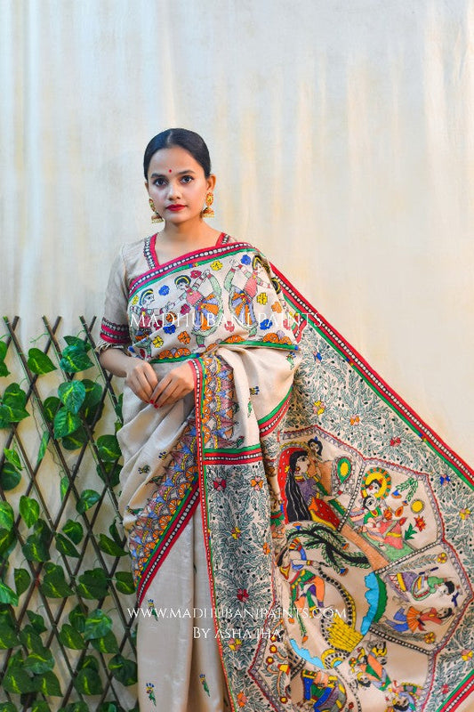 NANDGOPALA RADHA' Handpainted Madhubani Tussar Silk Saree Blouse set