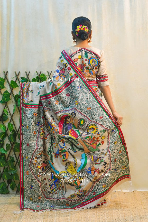 NANDGOPALA RADHA' Handpainted Madhubani Tussar Silk Saree Blouse