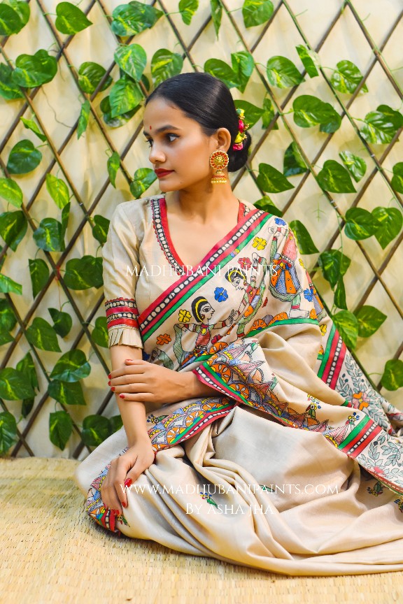 NANDGOPALA RADHA' Handpainted Madhubani Tussar Silk Saree Blouse set