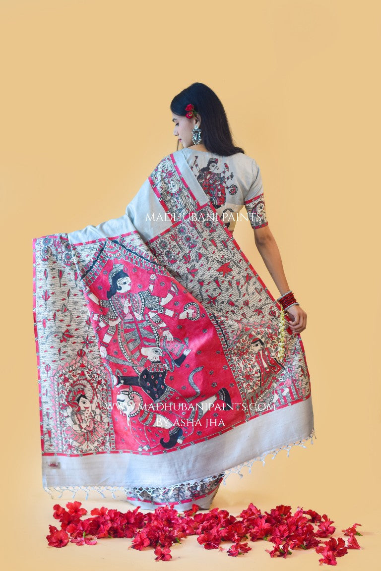 'RAJESHWARI' Handpainted Madhubani Tussar Silk Saree Blouse set