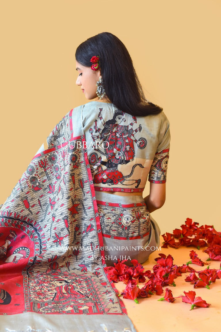 'RAJESHWARI' Handpainted Madhubani Tussar Silk Saree Blouse set