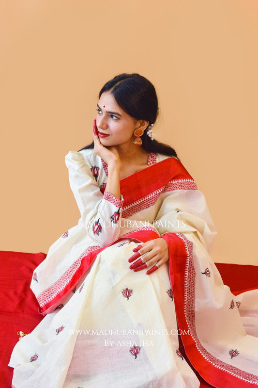 'SINDOORI' Handpainted Madhubani Cotton Saree