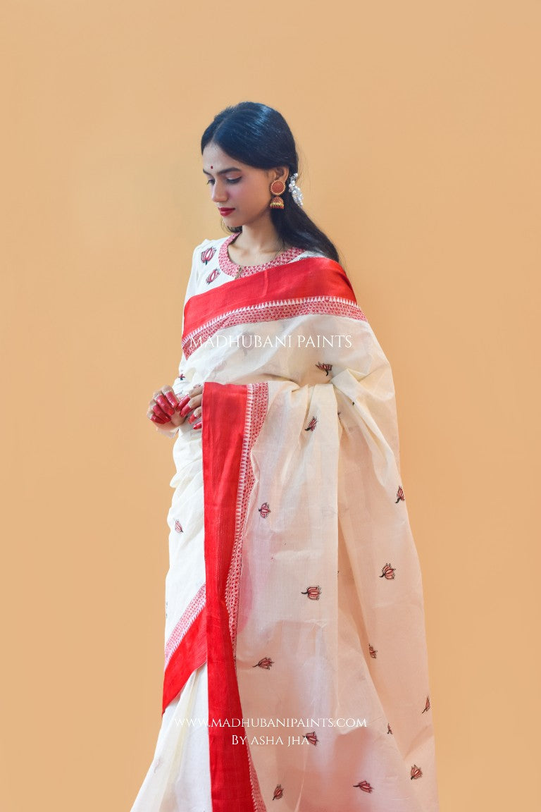 'SINDOORI' Handpainted Madhubani Cotton Saree