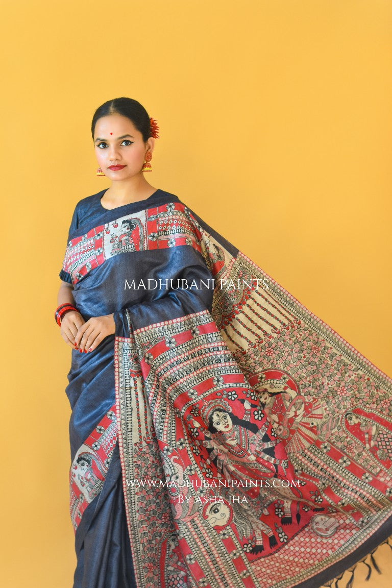 'NARAYANI' Handpainted Madhubani Tussar Silk Saree  Blouse Set