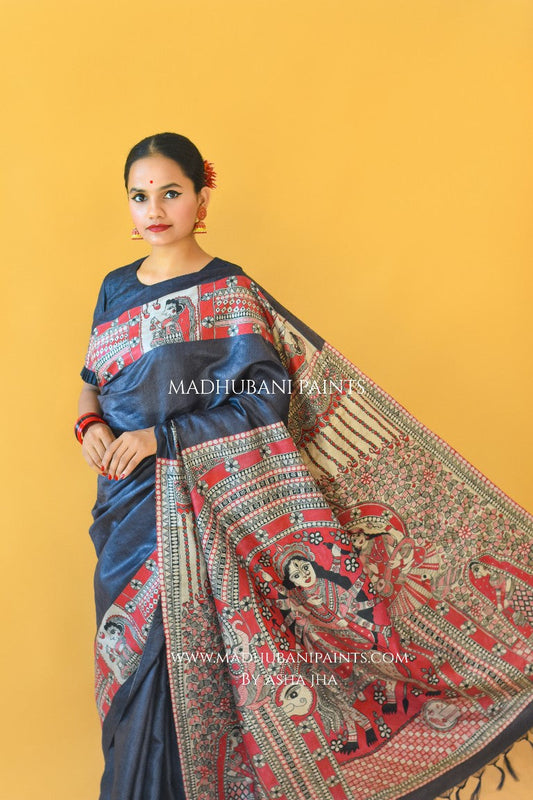 'NARAYANI' Handpainted Madhubani Tussar Silk Saree Blouse Set