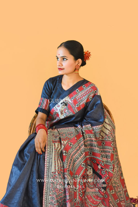 'NARAYANI' Handpainted Madhubani Tussar Silk Saree  Blouse Set