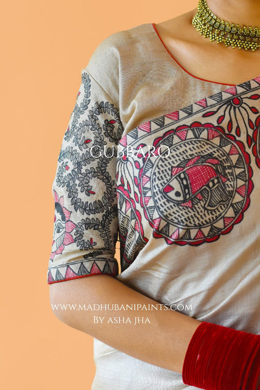 'SUNDARI' Handpainted Madhubani Tussar Silk Saree Blouse Set